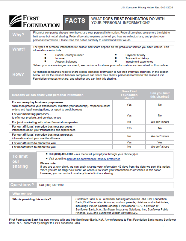 First Foundation US Consumer Privacy Notice Page 1