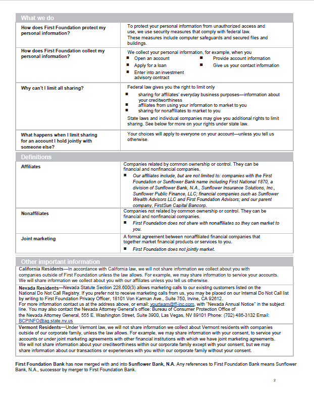 First Foundation US Consumer Privacy Notice Page 2