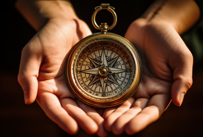 Hands holding compass